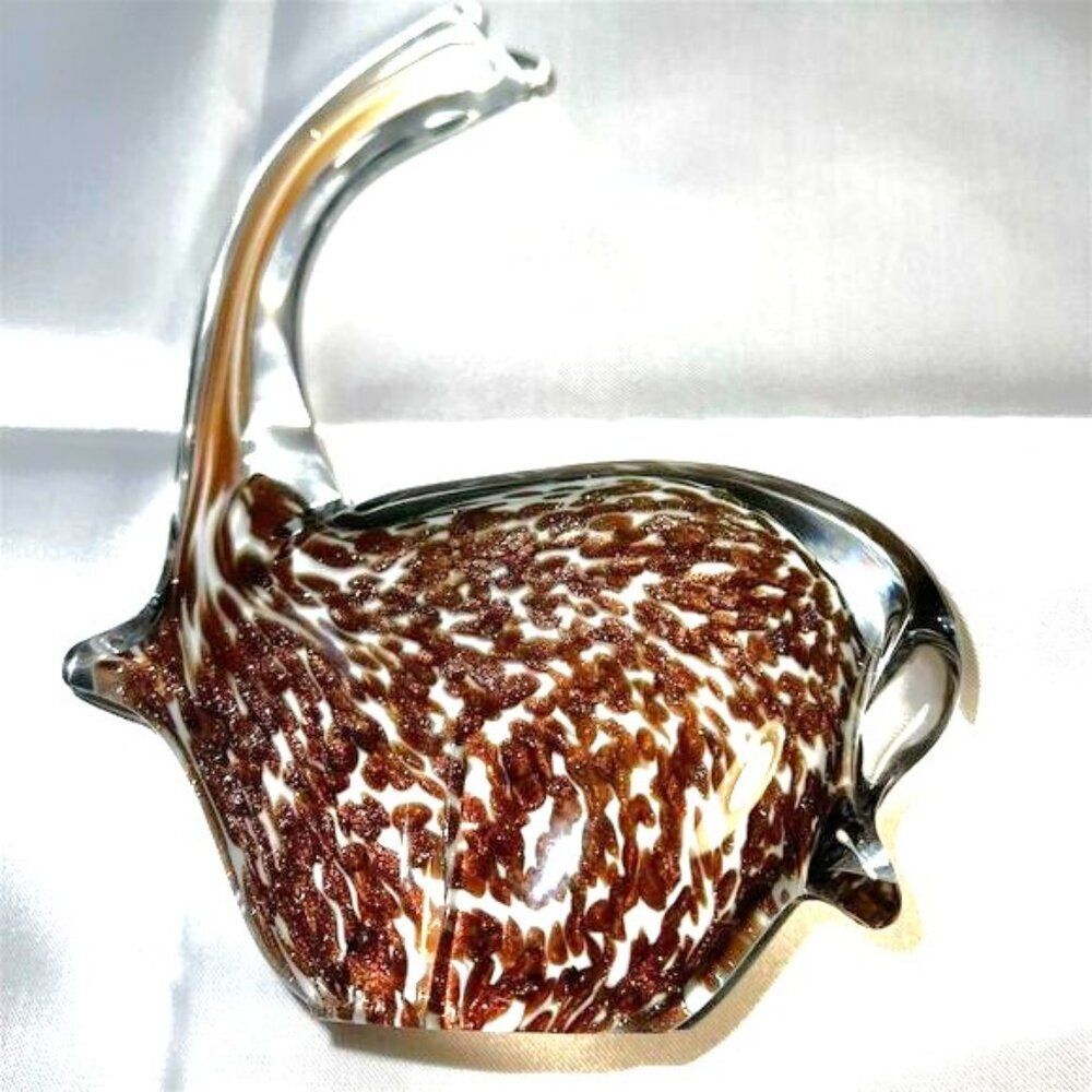 Hand Blown Glass Abstract Elephant Sculpture Brown White Swirl Design